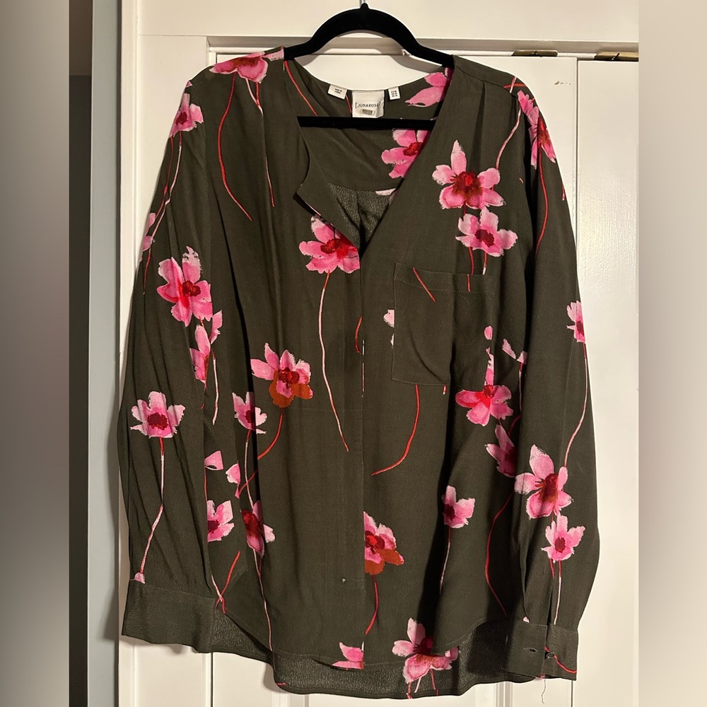 Junarose Dark Olive Blouse with Pink Floral Accents
